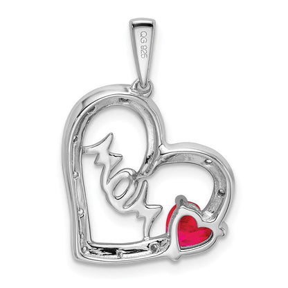 14K Weißgold Anhänger MOM Herz mit Rubin und echten Diamanten