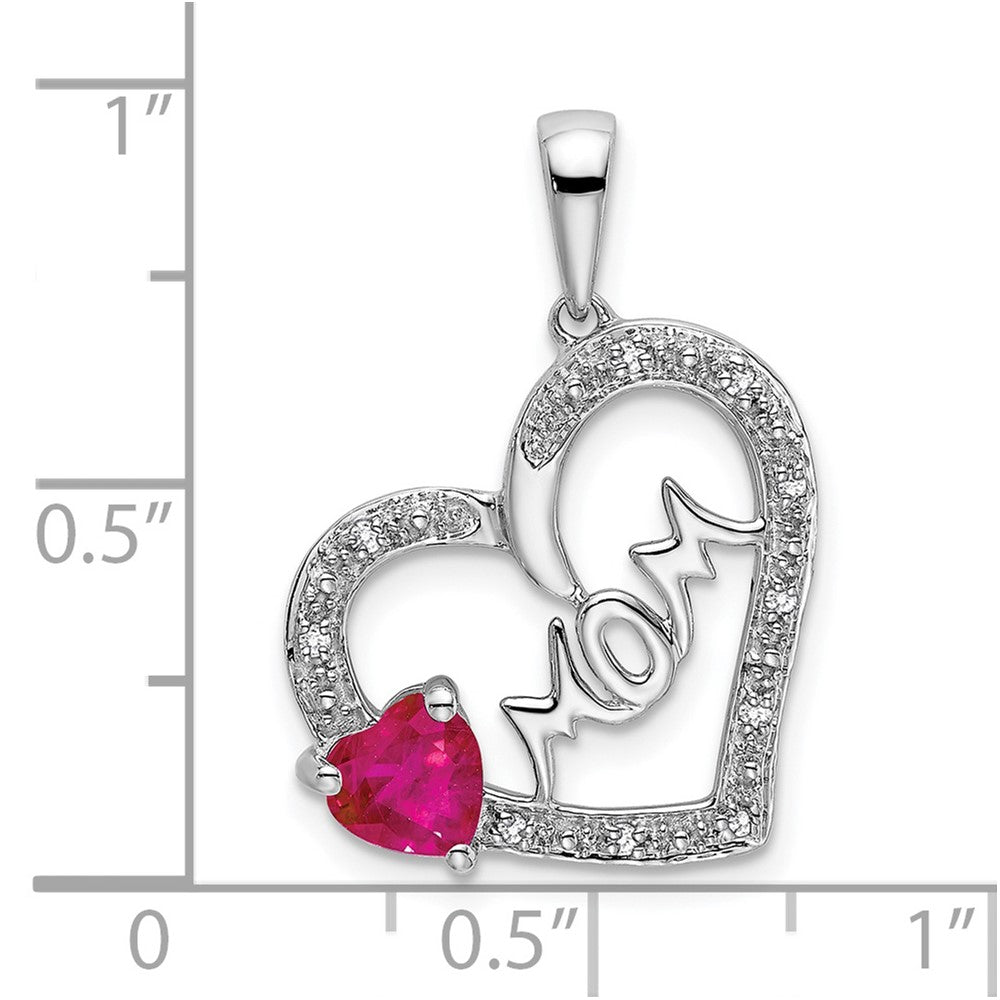 14K Weißgold Anhänger MOM Herz mit Rubin und echten Diamanten