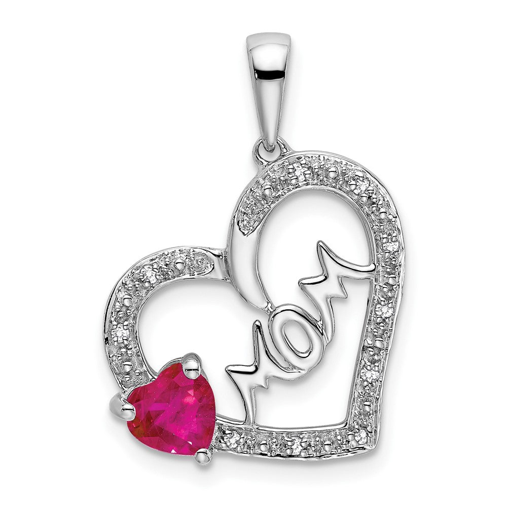 14K Weißgold Anhänger MOM Herz mit Rubin und echten Diamanten