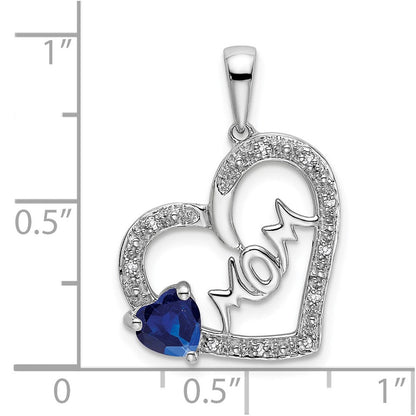 14K Weißgold Saphir- und Echtdiamant-Herzanhänger „MOM“