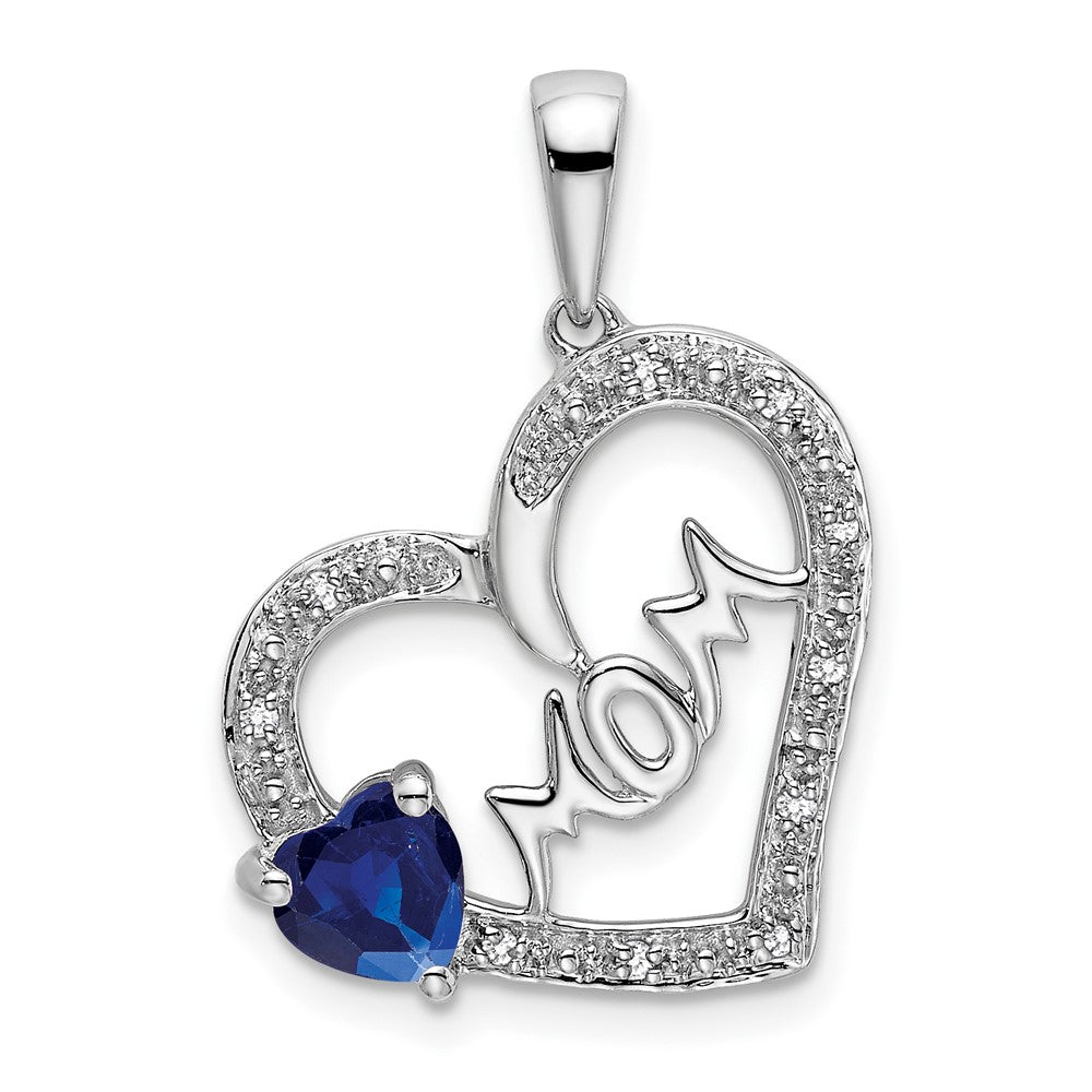 14K Weißgold Saphir- und Echtdiamant-Herzanhänger „MOM“
