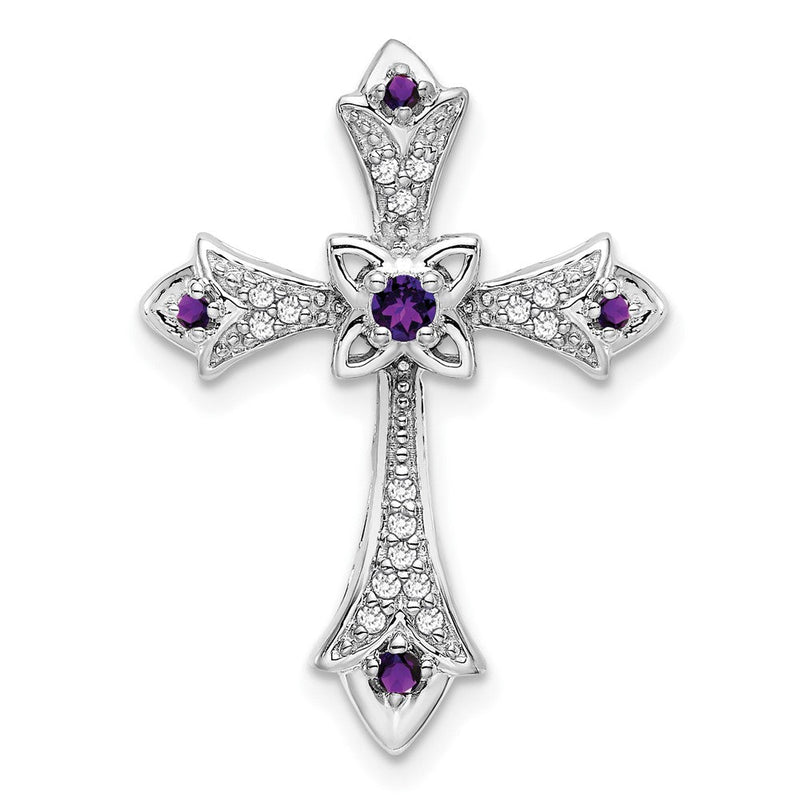 14K Weißgold Amethyst und Echt Diamant Fleur De Lis Kreuz Kette Anhänger