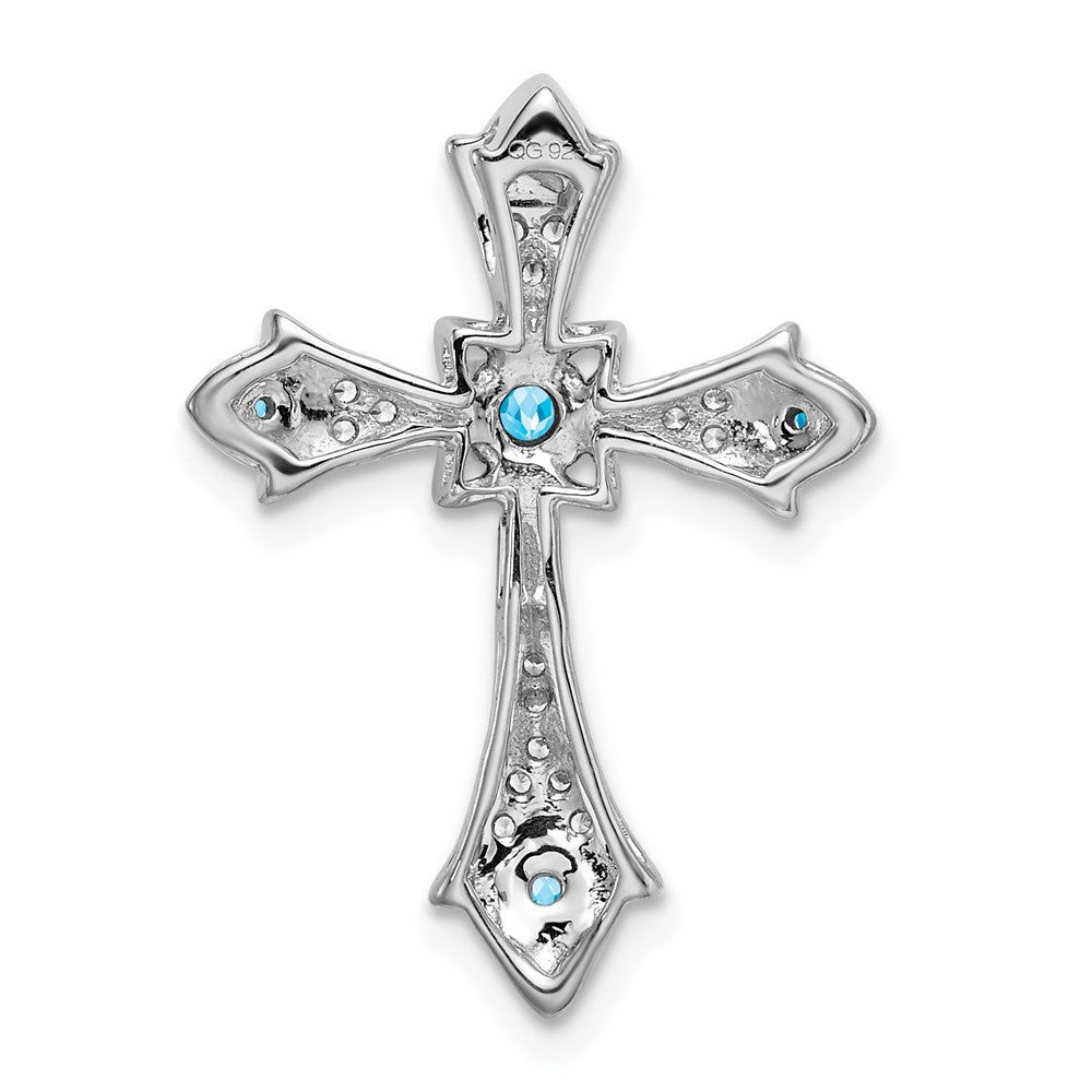 14K Weißgold Blautopas und Echt Diamant Fleur De Lis Kreuz Kette Anhänger
