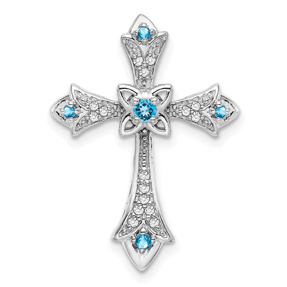 14K Weißgold Blautopas und Echt Diamant Fleur De Lis Kreuz Kette Anhänger