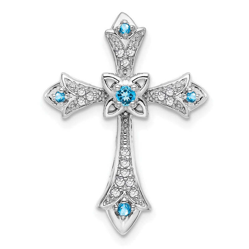 14K Weißgold Blautopas und Echt Diamant Fleur De Lis Kreuz Kette Anhänger