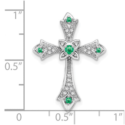 14K Weißgold Smaragd und Echt Diamant Fleur De Lis Kreuz Kette Anhänger