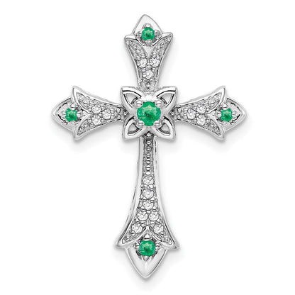 14K Weißgold Smaragd und Echt Diamant Fleur De Lis Kreuz Kette Anhänger