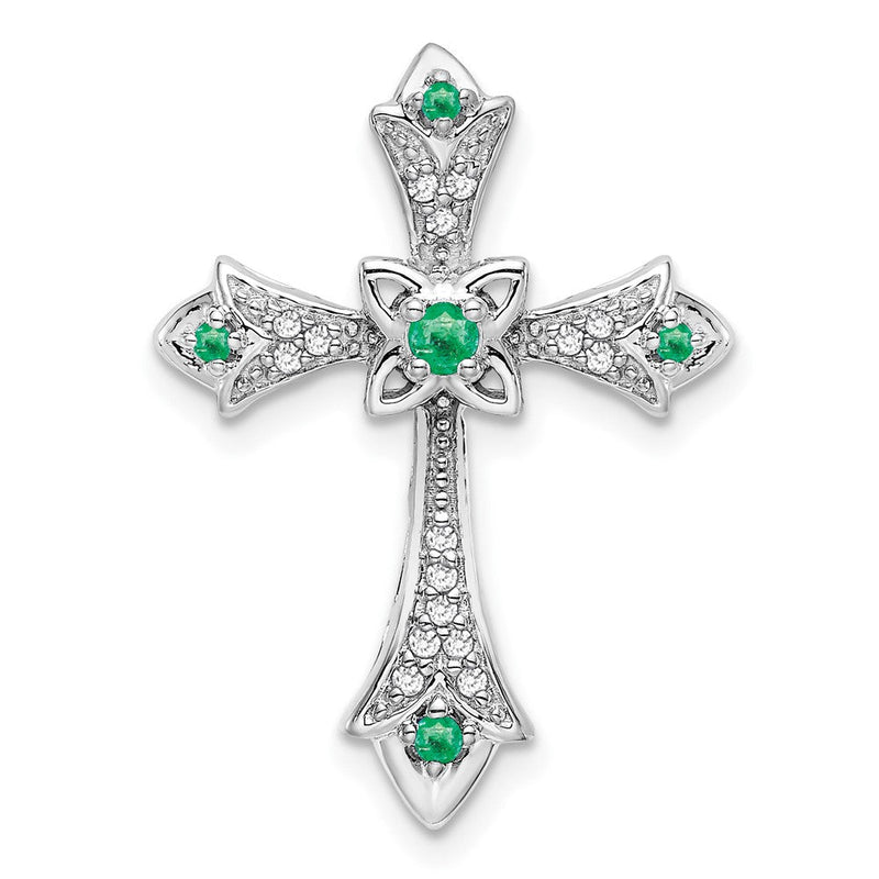 14K Weißgold Smaragd und Echt Diamant Fleur De Lis Kreuz Kette Anhänger