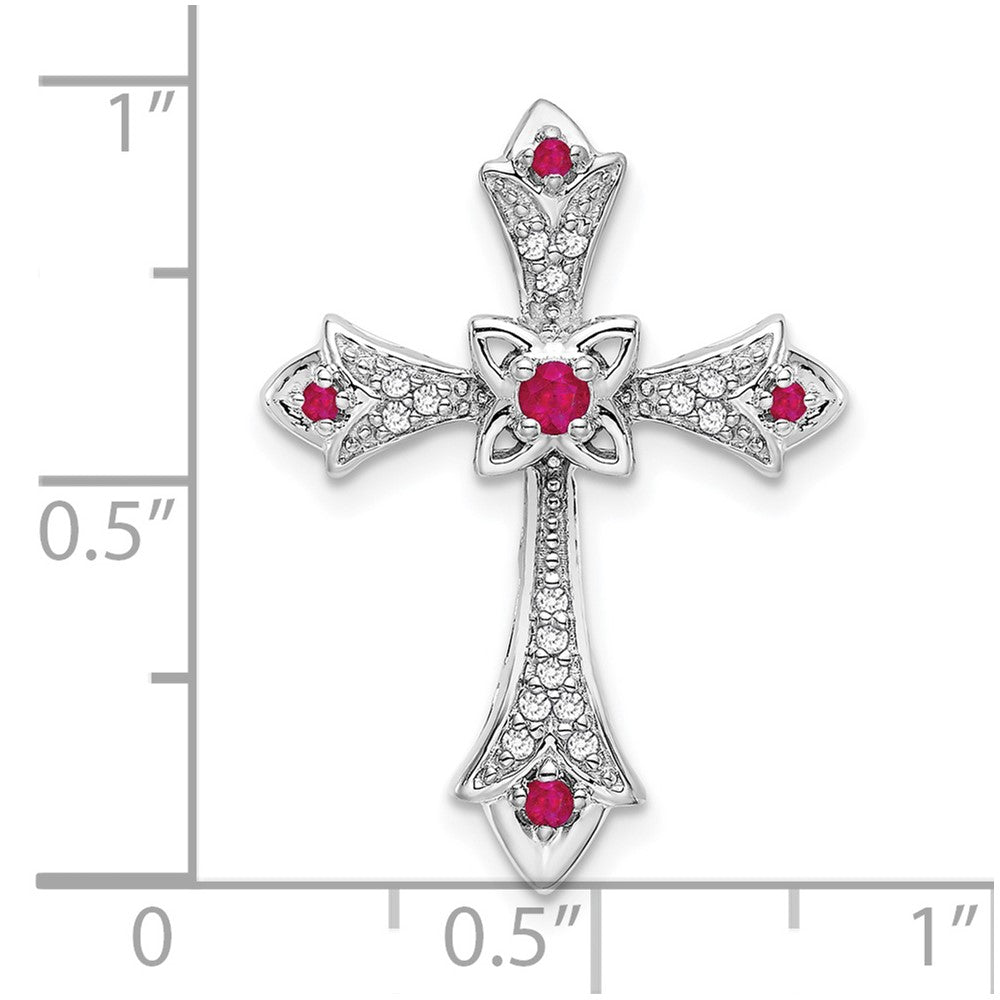 14K Weißgold Rubin und Echt Diamant Fleur De Lis Kreuz Kette Anhänger