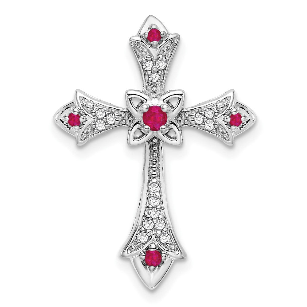 14K Weißgold Rubin und Echt Diamant Fleur De Lis Kreuz Kette Anhänger