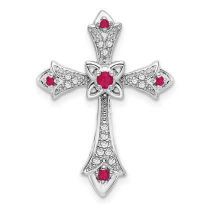 14K Weißgold Rubin und Echt Diamant Fleur De Lis Kreuz Kette Anhänger