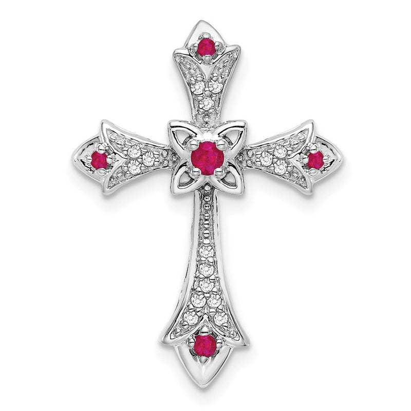 14K Weißgold Rubin und Echt Diamant Fleur De Lis Kreuz Kette Anhänger
