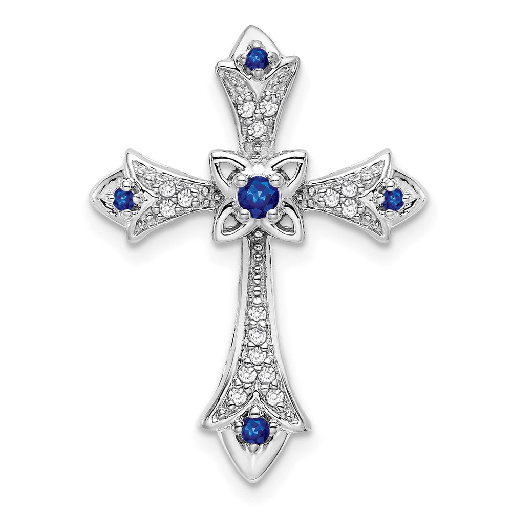 14K Weißgold Saphir und Echt Diamant Fleur De Lis Kreuz Kette Anhänger