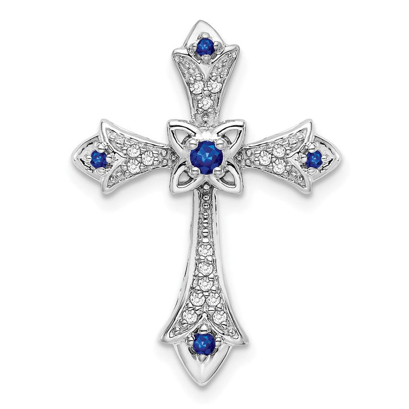 14K Weißgold Saphir und Echt Diamant Fleur De Lis Kreuz Kette Anhänger