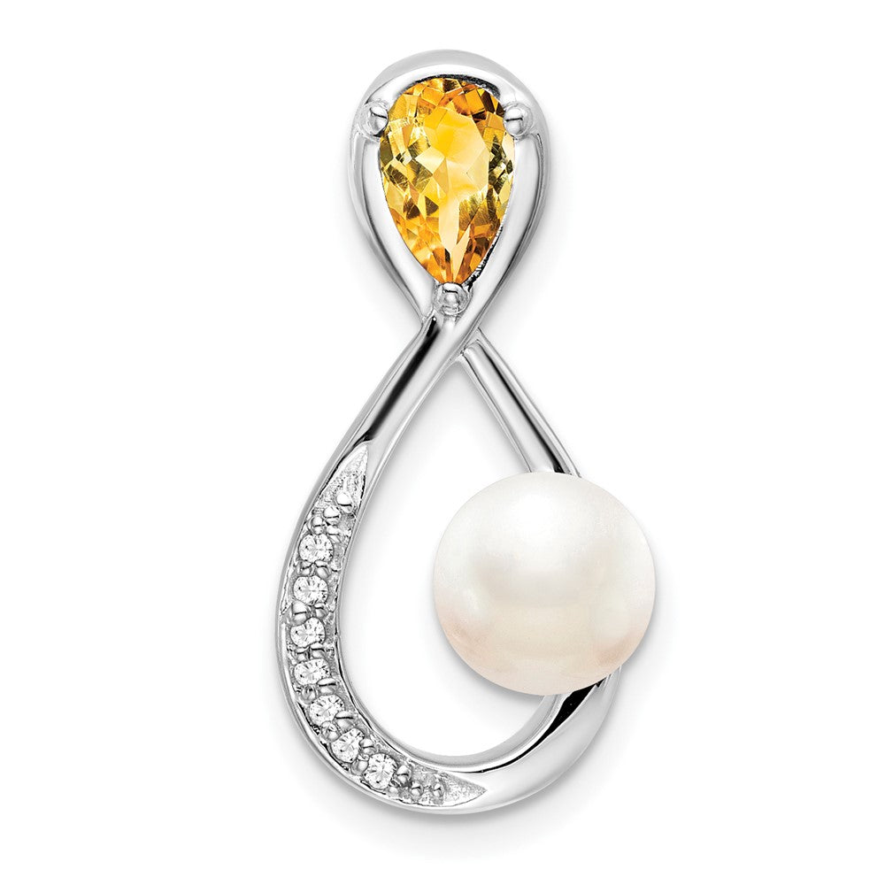 14K Weißgold Citrin/fwc Perle/real Diamant Unendlichkeit Kette Anhänger