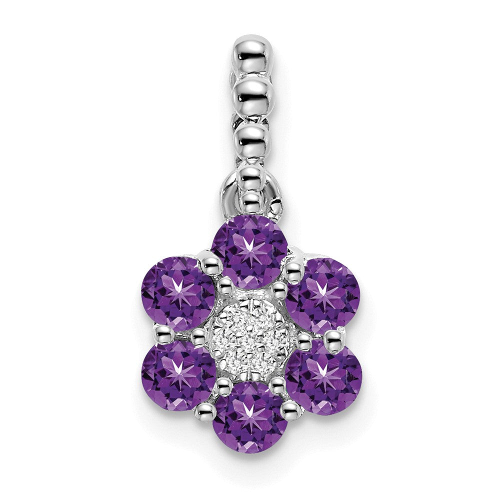 14K Weißgold Anhänger mit Amethyst und echten Diamanten, Blumenmotiv