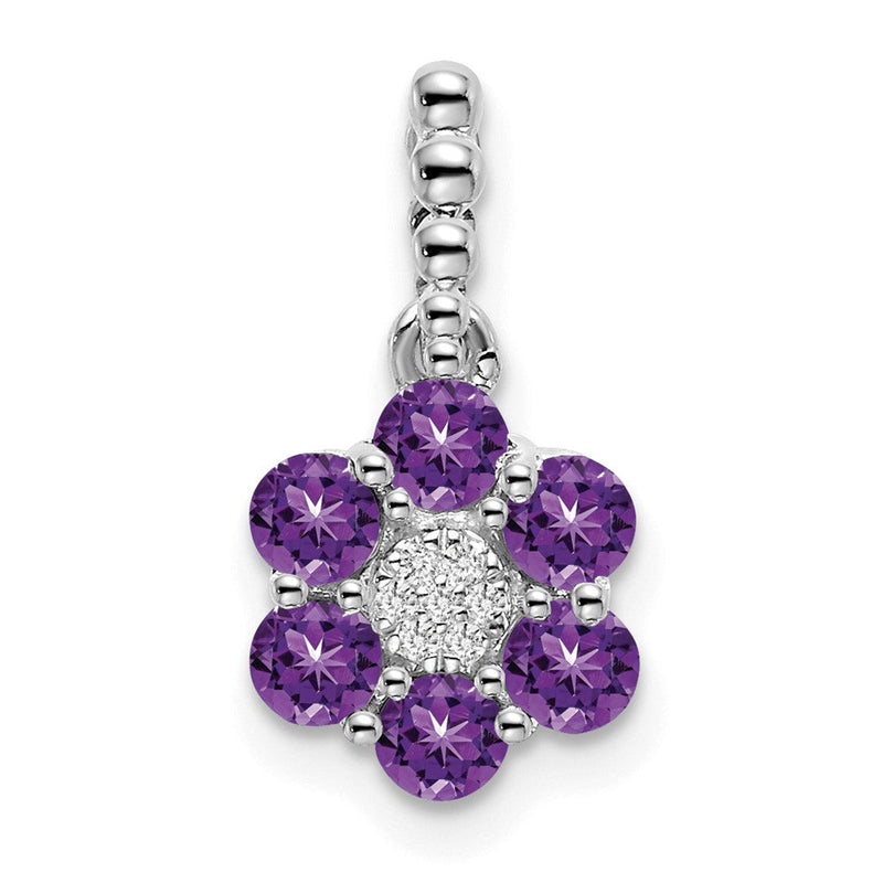 14K Weißgold Anhänger mit Amethyst und echten Diamanten, Blumenmotiv