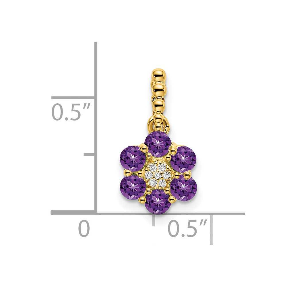 14K Gelbgold Amethyst- und Echtdiamant-Anhänger mit Blumenmotiv