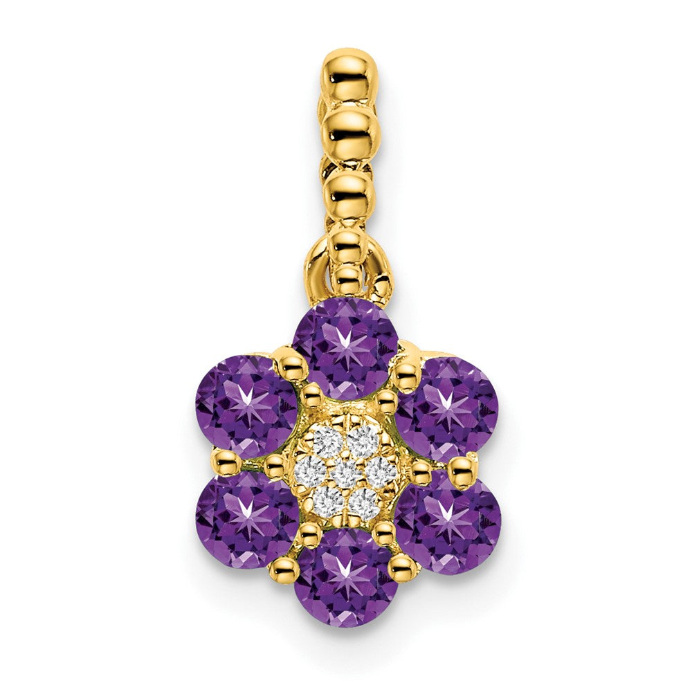 14K Gelbgold Amethyst- und Echtdiamant-Anhänger mit Blumenmotiv