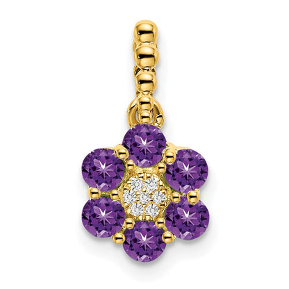 14K Gelbgold Amethyst- und Echtdiamant-Anhänger mit Blumenmotiv
