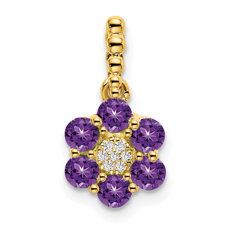 14K Gelbgold Amethyst- und Echtdiamant-Anhänger mit Blumenmotiv