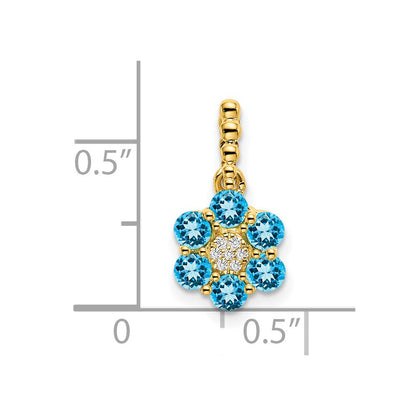 14K Gelbgold Blautopas- und Diamant-Blütenanhänger