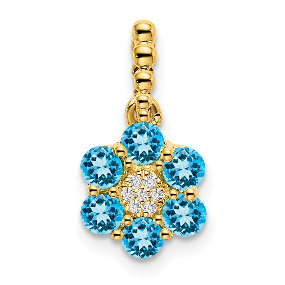 14K Gelbgold Blautopas- und Diamant-Blütenanhänger