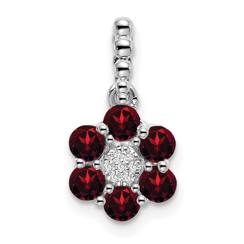 Blumen-Anhänger aus 14K Weißgold mit Granat und echtem Diamant