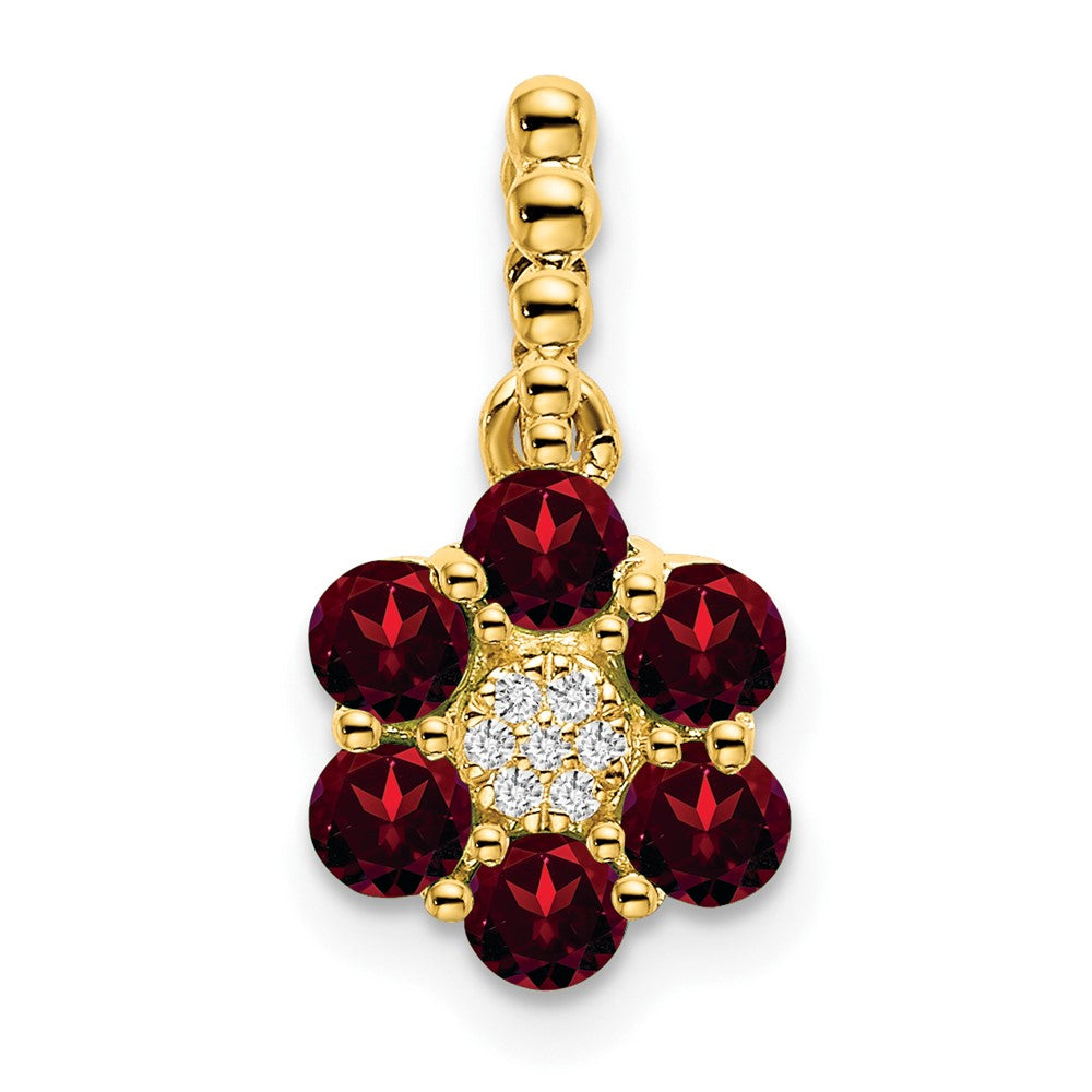 14K Gelbgold Granat- und Echtdiamant-Blütenanhänger