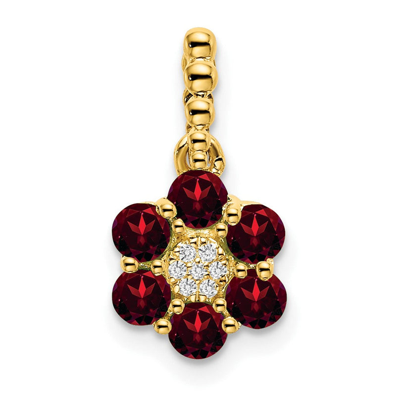 14K Gelbgold Granat- und Echtdiamant-Blütenanhänger