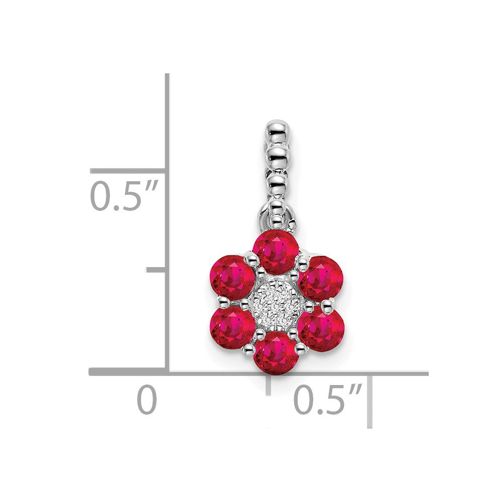 14 Karat Weißgold Anhänger mit Rubin und echten Diamanten, Blumendesign