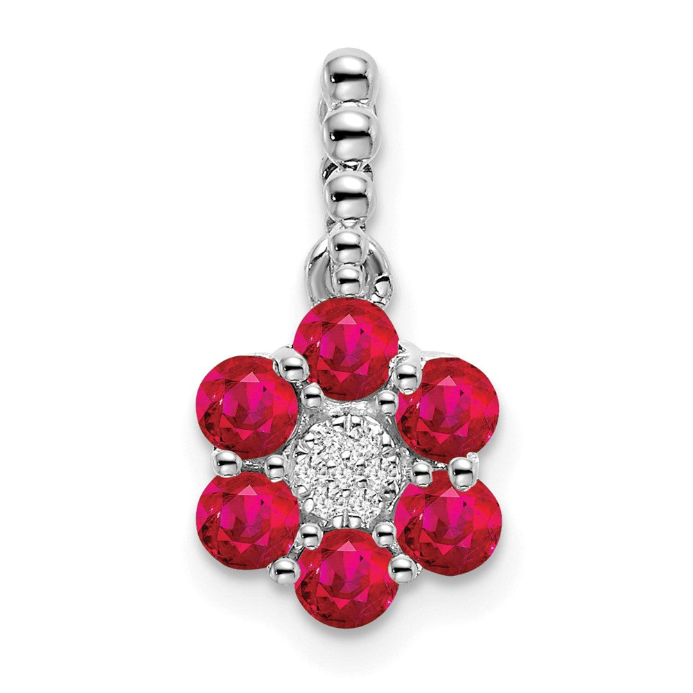 14 Karat Weißgold Anhänger mit Rubin und echten Diamanten, Blumendesign