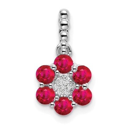 14 Karat Weißgold Anhänger mit Rubin und echten Diamanten, Blumendesign