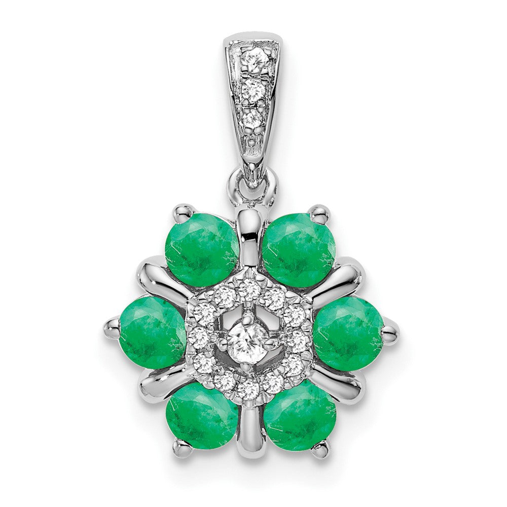 14 Karat Weißgold Blumen-Anhänger mit Smaragd und echtem Diamant