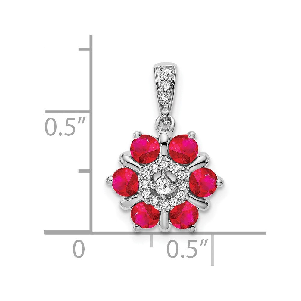 14K Weißgold Anhänger mit Rubin und echten Diamanten in Blumendesign