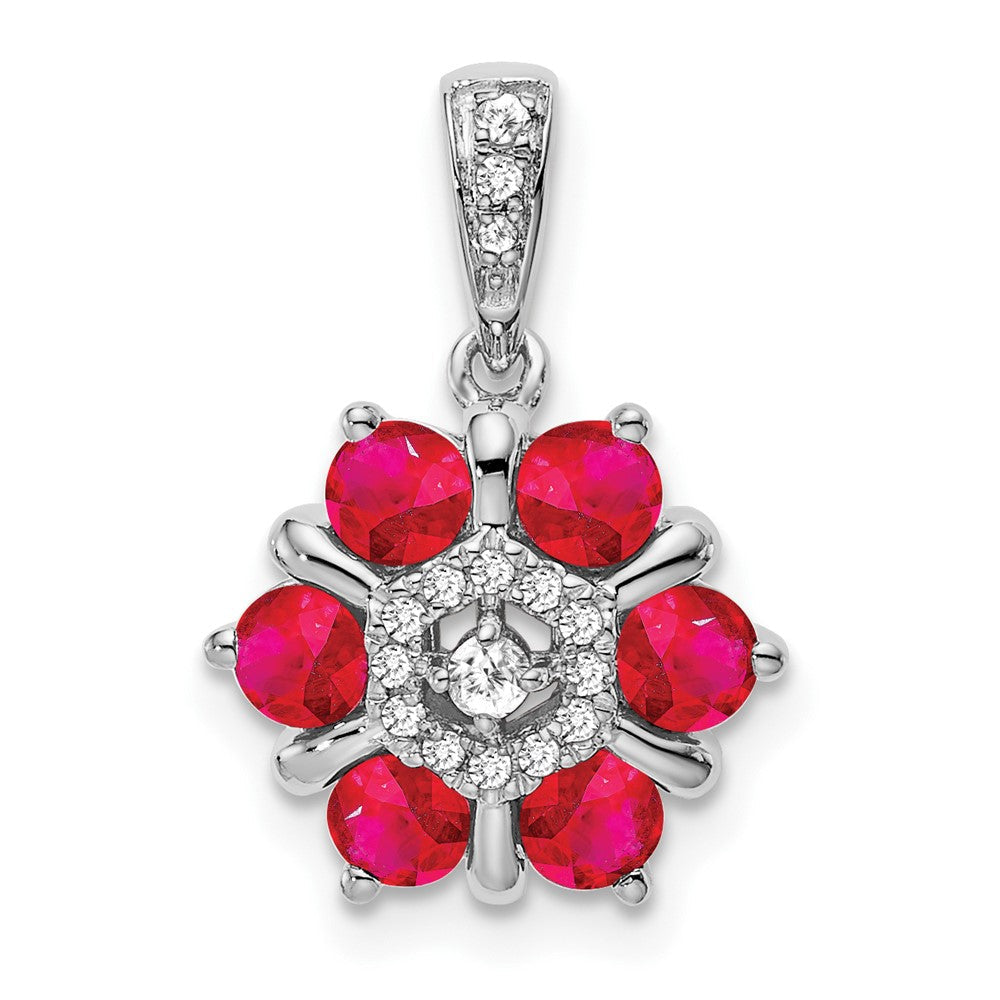 14K Weißgold Anhänger mit Rubin und echten Diamanten in Blumendesign