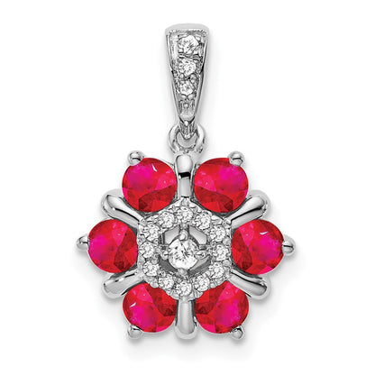 14K Weißgold Anhänger mit Rubin und echten Diamanten in Blumendesign