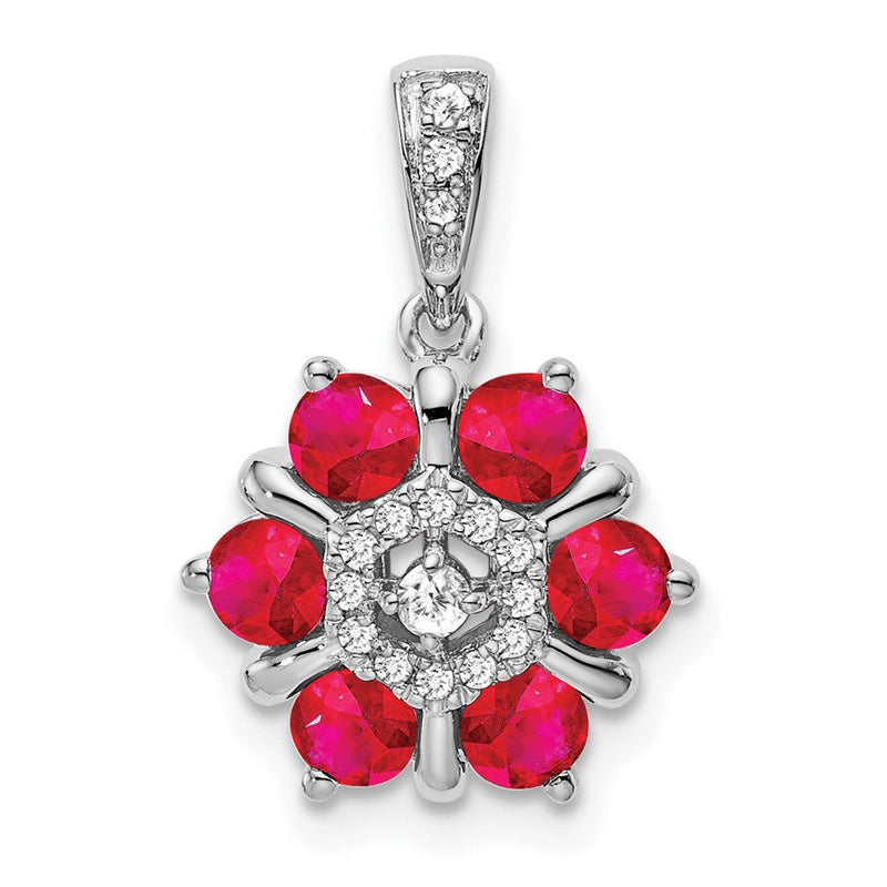 14K Weißgold Anhänger mit Rubin und echten Diamanten in Blumendesign