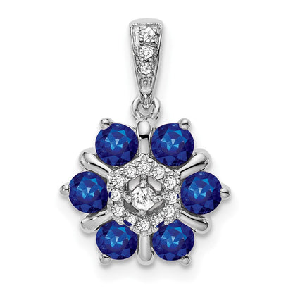14 Karat Weißgold Blumen-Anhänger mit Saphir und echten Diamanten