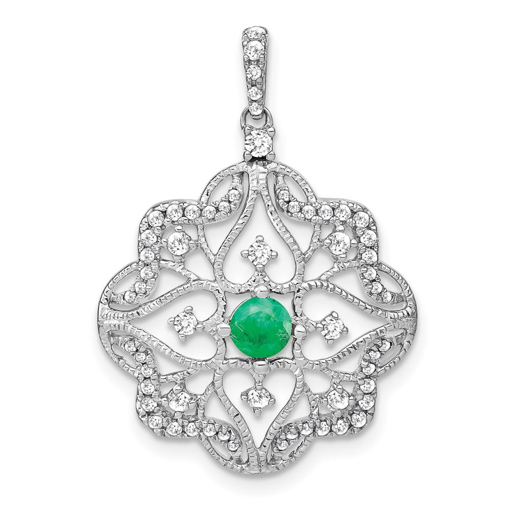 14K Weißgold Anhänger mit Smaragd und echtem Diamant