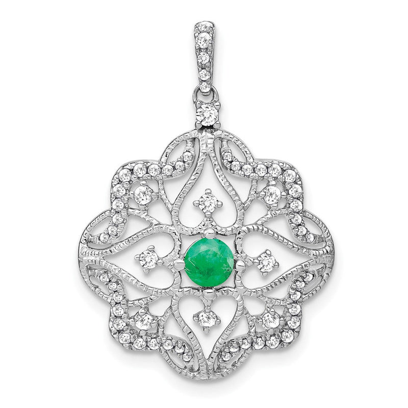 14K Weißgold Anhänger mit Smaragd und echtem Diamant