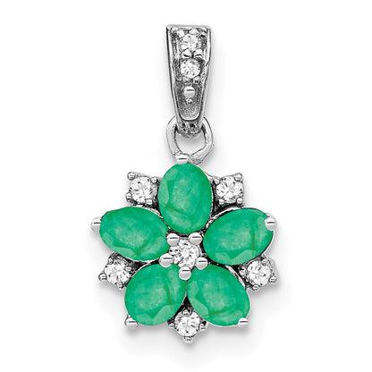 14K Weißgold Anhänger mit Smaragd und echten Diamanten, Blumendesign