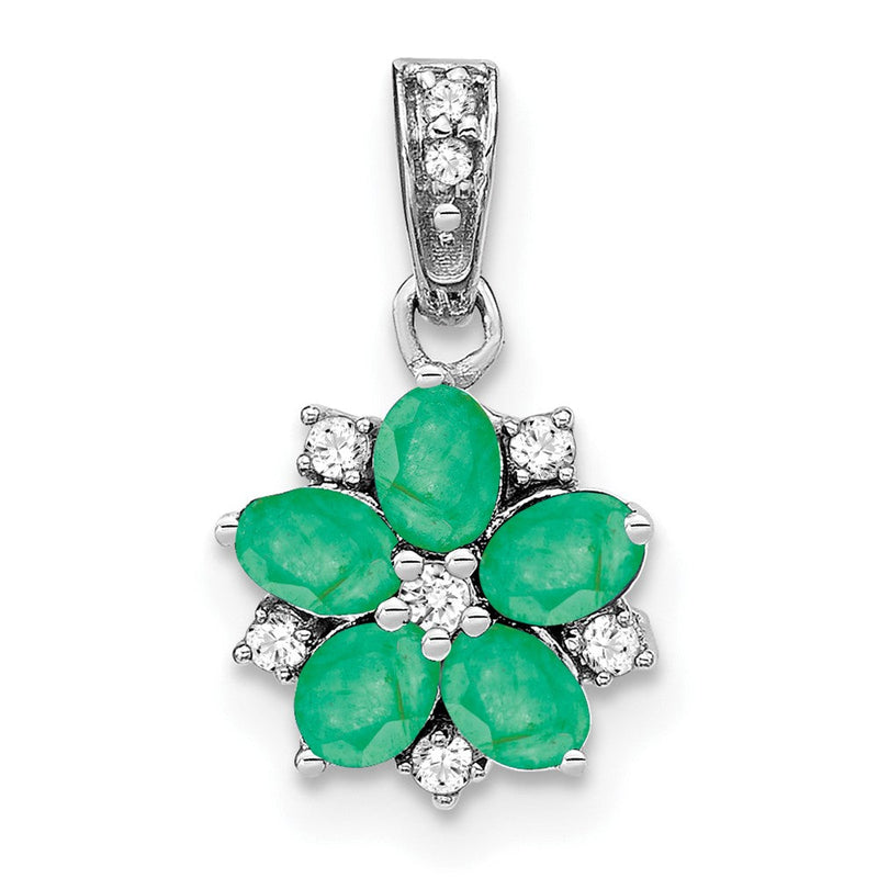 14K Weißgold Anhänger mit Smaragd und echten Diamanten, Blumendesign