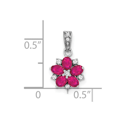 14K Weißgold Anhänger mit Rubin und echtem Diamant, floral