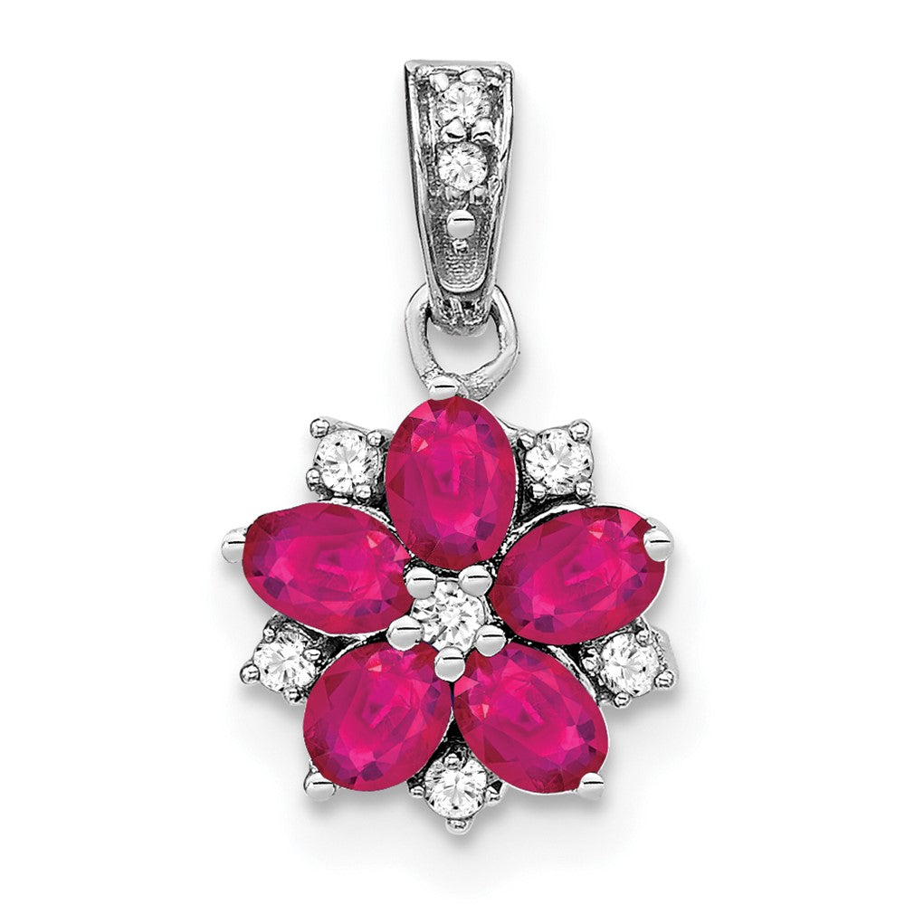 14K Weißgold Anhänger mit Rubin und echtem Diamant, floral