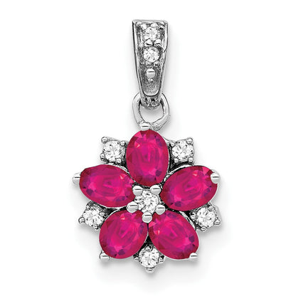 14K Weißgold Anhänger mit Rubin und echtem Diamant, floral