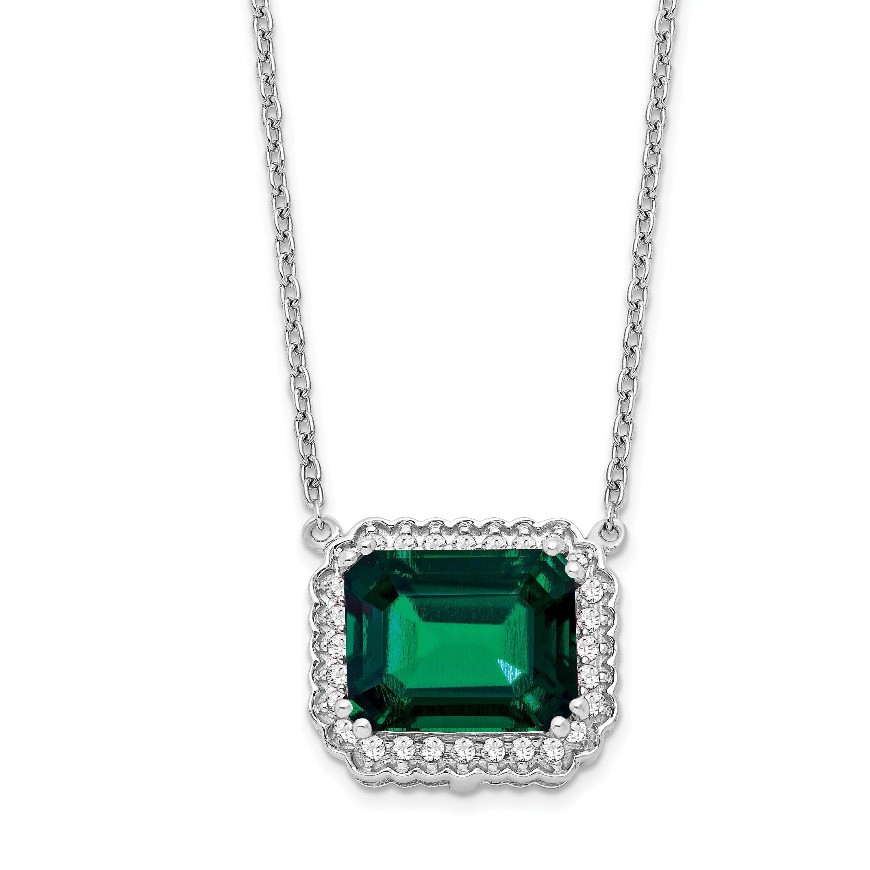14K Weißgold Octagon Erzeugt Smaragd und Echt Diamant 18 Zoll. Halskette