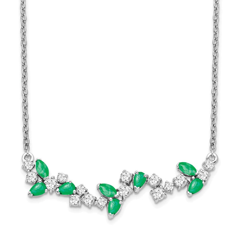 14K Weißgold Smaragd und Echt Diamant 18 Zoll. Blumen Stab Halskette