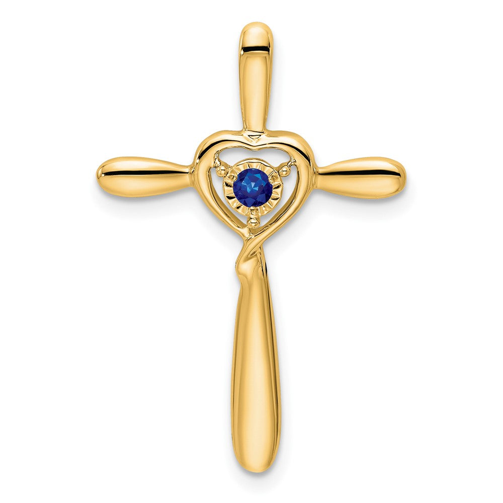 14K Gelbgold Erzeugt Saphir Kreuz mit Herz Kette Anhänger