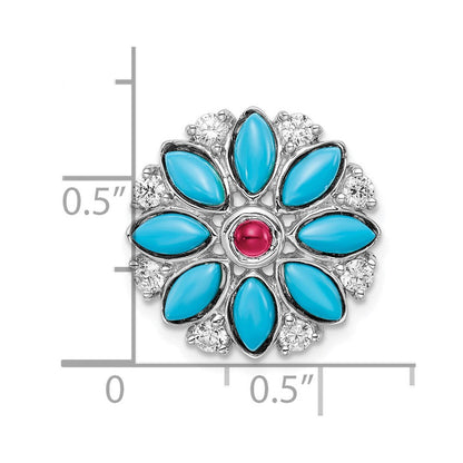 14K Weißgold Türkis/creat. Rubin/white Topas Blumen Kette Anhänger
